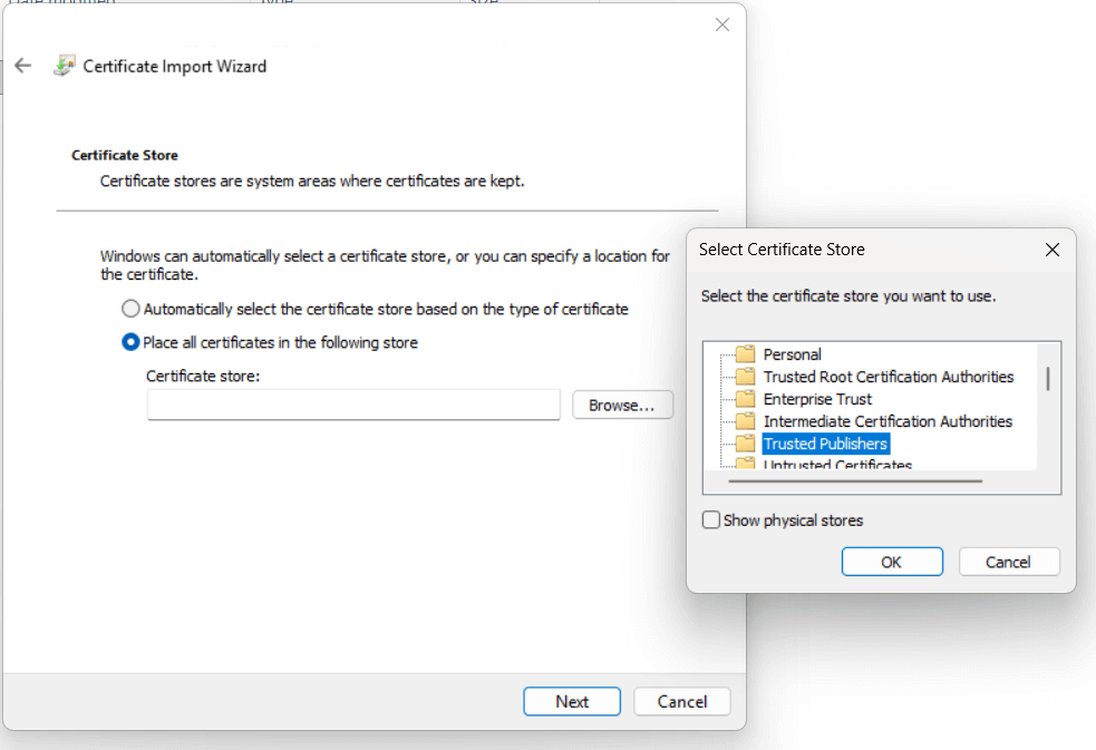 Windows - Certificat import wizard - Select store